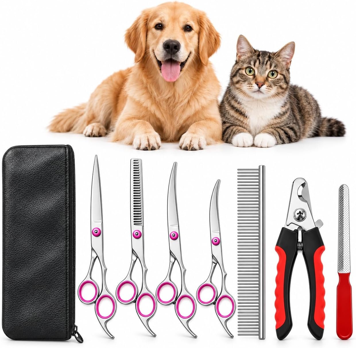 取扱商品：ペット用トリミングハサミ 8点セット 犬猫 グルーミング スキバサミ カーブ ストレート コーム 爪切り 爪やすり 収納ケース付き