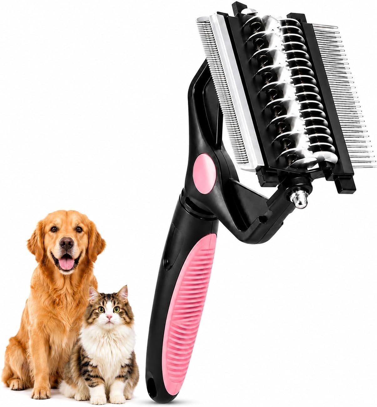 取扱商品：3in1 ペットブラシ 犬ブラシ 猫ブラシ スリッカーブラシ 毛玉取り 抜け毛取りブラシ アンダーコートブラシ ステンレス製 デマットコーム ワンタッチ収納 滑り止めグリップ 長毛 短毛 小型犬 中型犬 大型犬 ペット用グルーミングブラシ (ピンク)