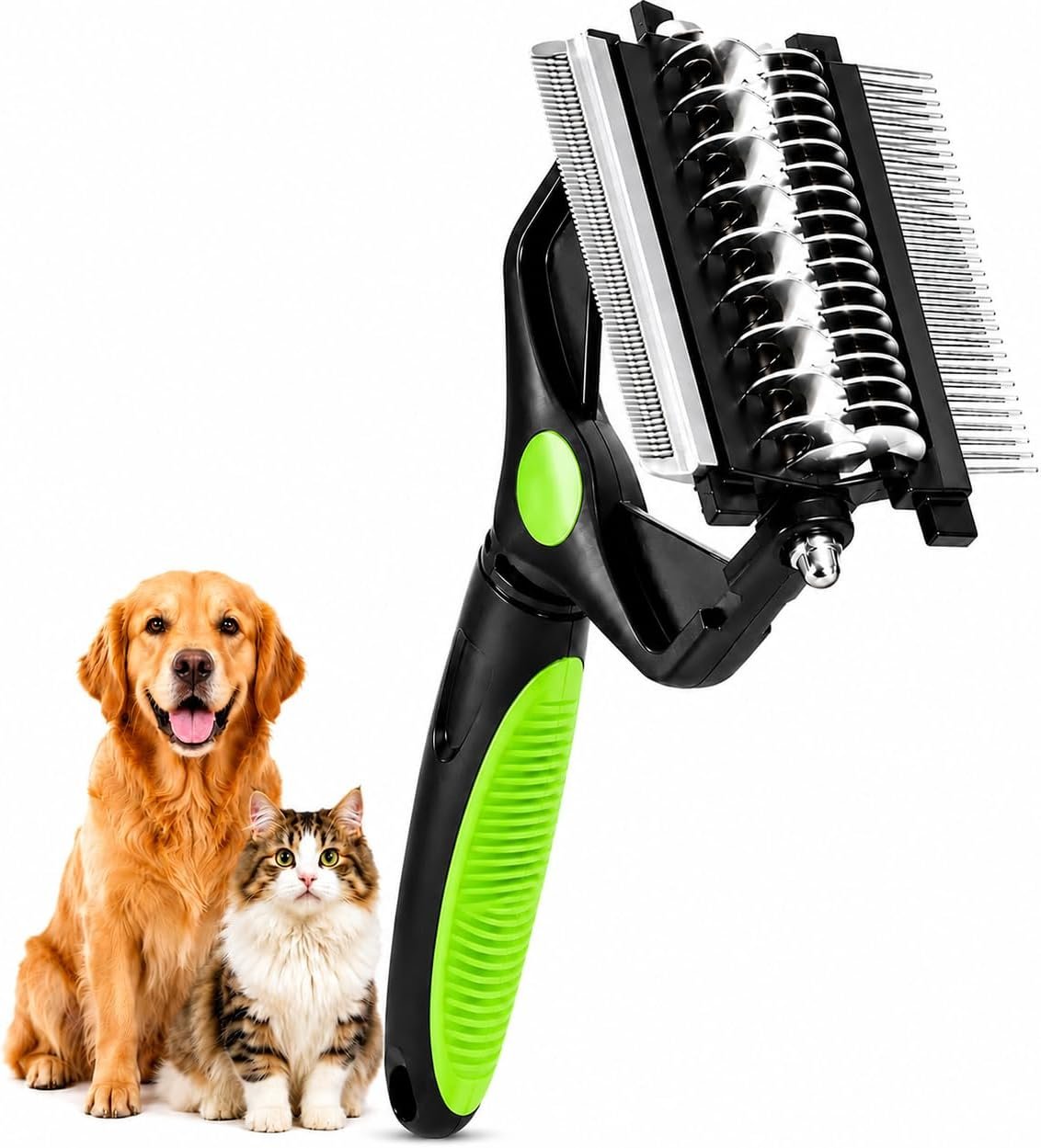 取扱商品：3in1 ペットブラシ 犬ブラシ 猫ブラシ スリッカーブラシ 毛玉取り 抜け毛取りブラシ アンダーコートブラシ ステンレス製 デマットコーム ワンタッチ収納 滑り止めグリップ 長毛 短毛 小型犬 中型犬 大型犬 ペット用グルーミングブラシ (グリーン)