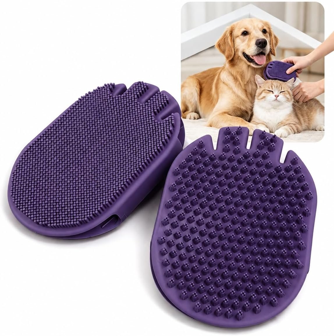 取扱商品：ペット用シャンプーブラシ 犬猫兼用 両面仕様 TPR製 グルーミングブラシ 抜け毛ケア マッサージ 柔らかい突起 泡立ちサポート ドライ・ウェット両用 手にフィットするミトン型 水洗い可能 パープル 1個