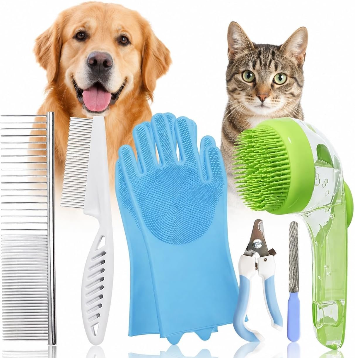 取扱商品：7点セット ペットグルーミングセット 犬猫兼用 シャンプーブラシ シリコンバスグローブ2枚 ステンレスコーム 細目コーム ペット用爪切り 爪やすり 抜け毛ケア ブラッシング シャンプー マッサージ 自宅用お手入れセット