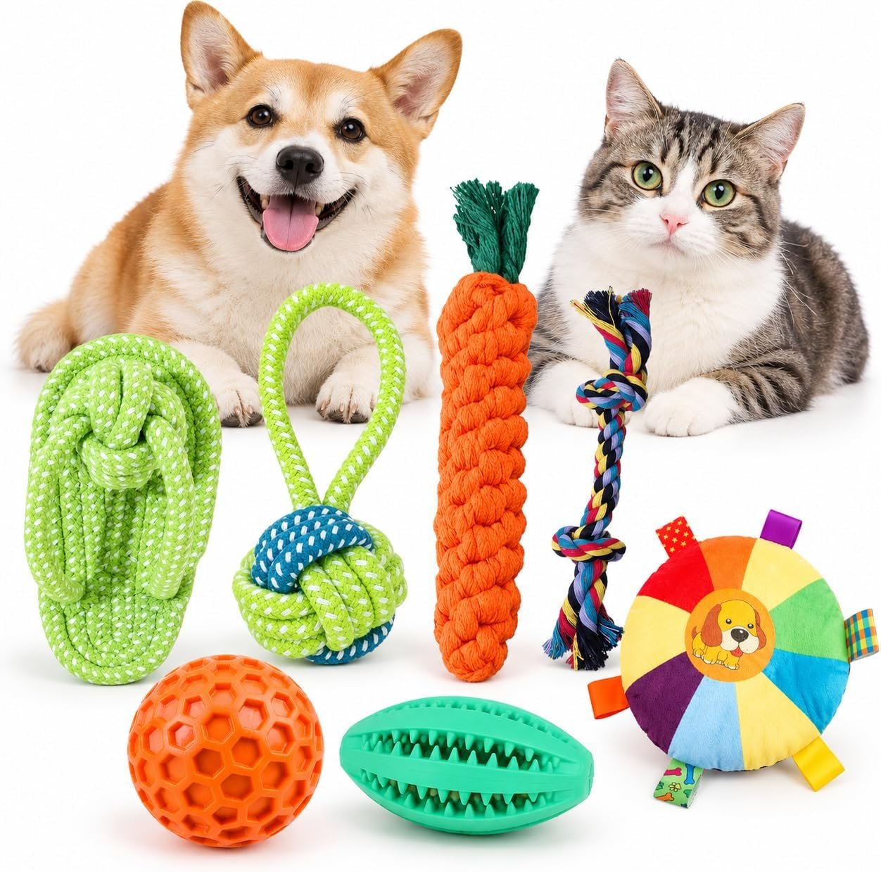 取扱商品：犬用おもちゃ 7点セット ロープトイ4種 音が鳴るぬいぐるみ ハニカムボール おやつ入れ知育玩具 噛む 引っ張る 投げる 歯みがき遊び 室内運動 ストレス解消 運動不足対策 子犬 小型犬 中型犬向け カラフル ペット用品
