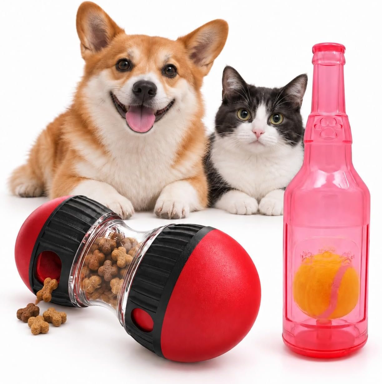 取扱商品：犬用おもちゃ 2点セット 知育玩具 おやつが出るフードディスペンサー 早食い防止 ノーズワーク 音が鳴るボトル型噛むおもちゃ ボール付き インタラクティブトイ 小型犬 室内遊び 水洗い可能