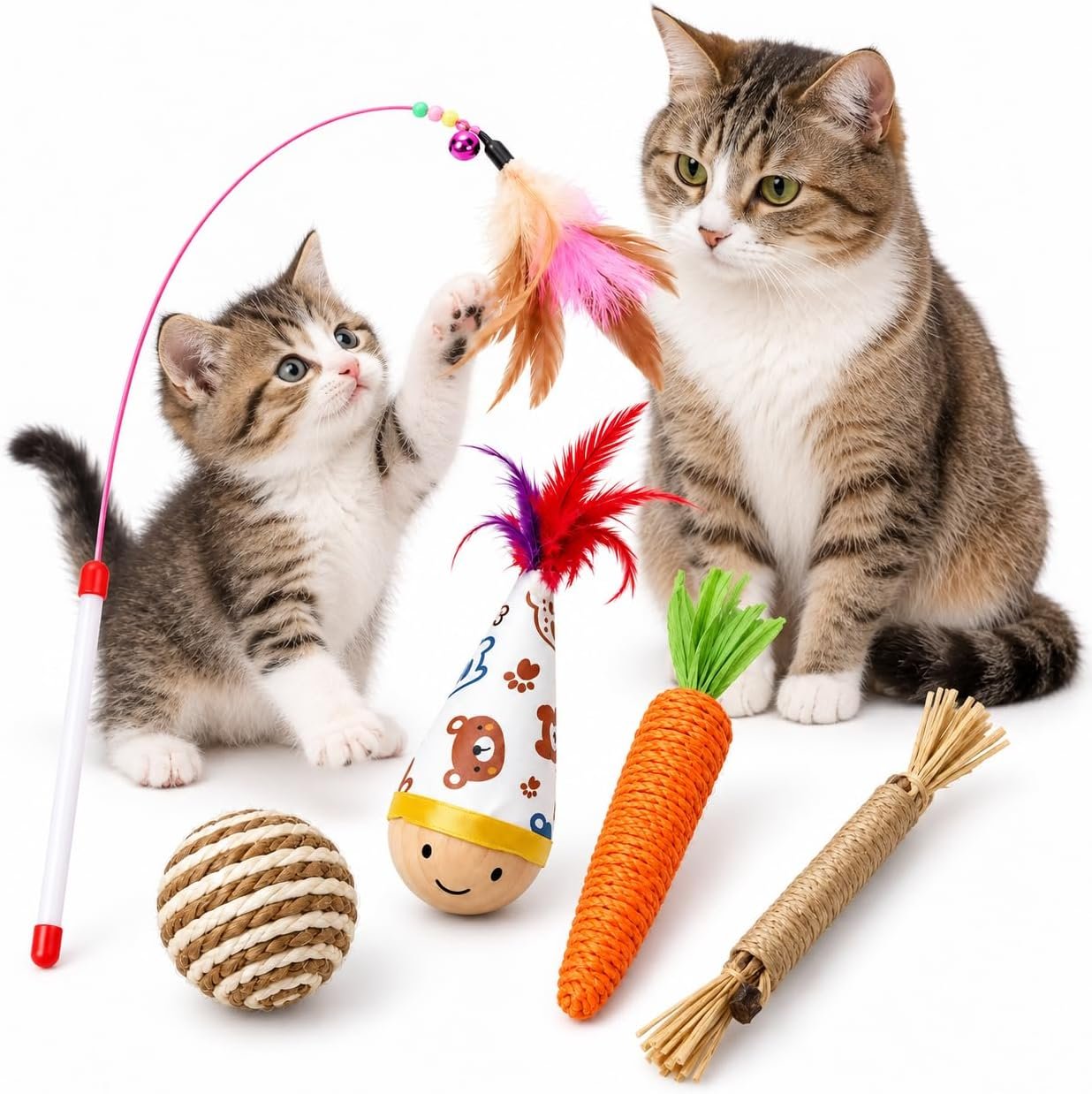 取扱商品：猫 おもちゃ 5点セット 猫じゃらし 羽根付き 起き上がりこぼし サイザルボール またたび棒 一人遊び 運動不足対策 子猫・成猫 室内用