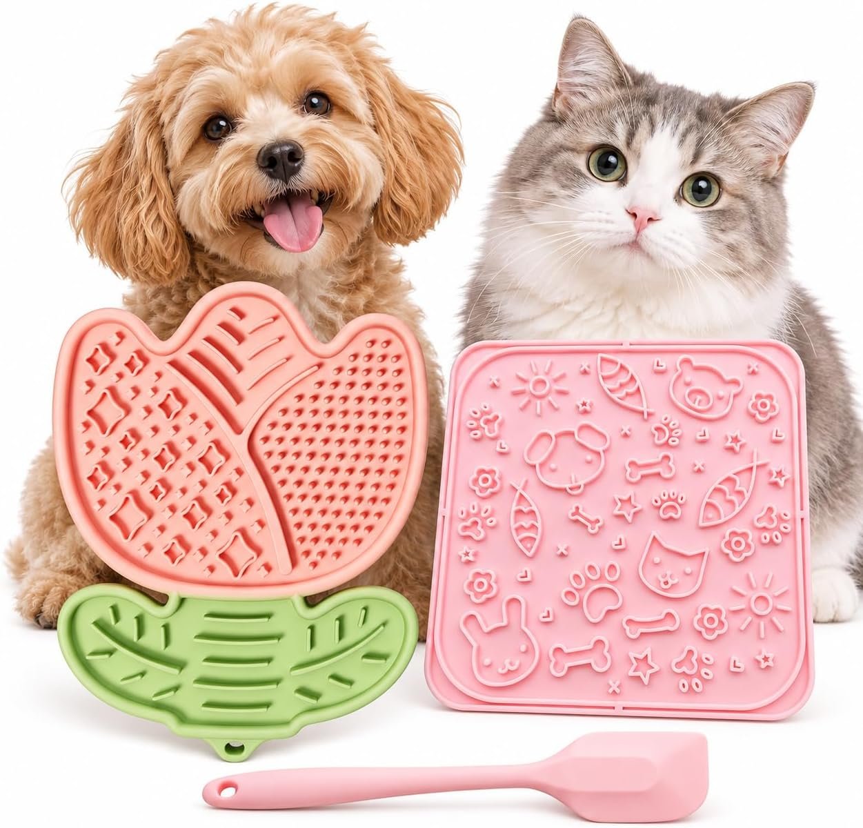 取扱商品：2枚セット リックマット 犬猫兼用 吸盤付き 舐めるマット スローフィーダー 早食い防止 シリコン製 おやつマット 水洗い可能 スパチュラ付き