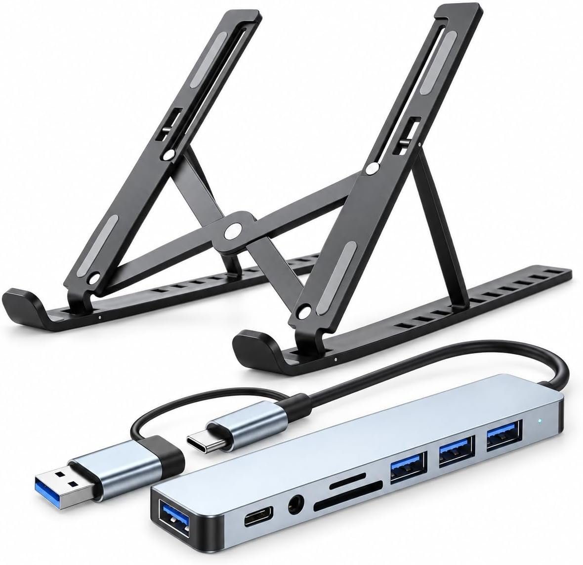 取扱商品：2点セット ノートPCスタンド＋8in1 USBハブ 折りたたみ式 高さ角度調整 USB-C・USB-A対応 SD/TFカード 3.5mm音声端子