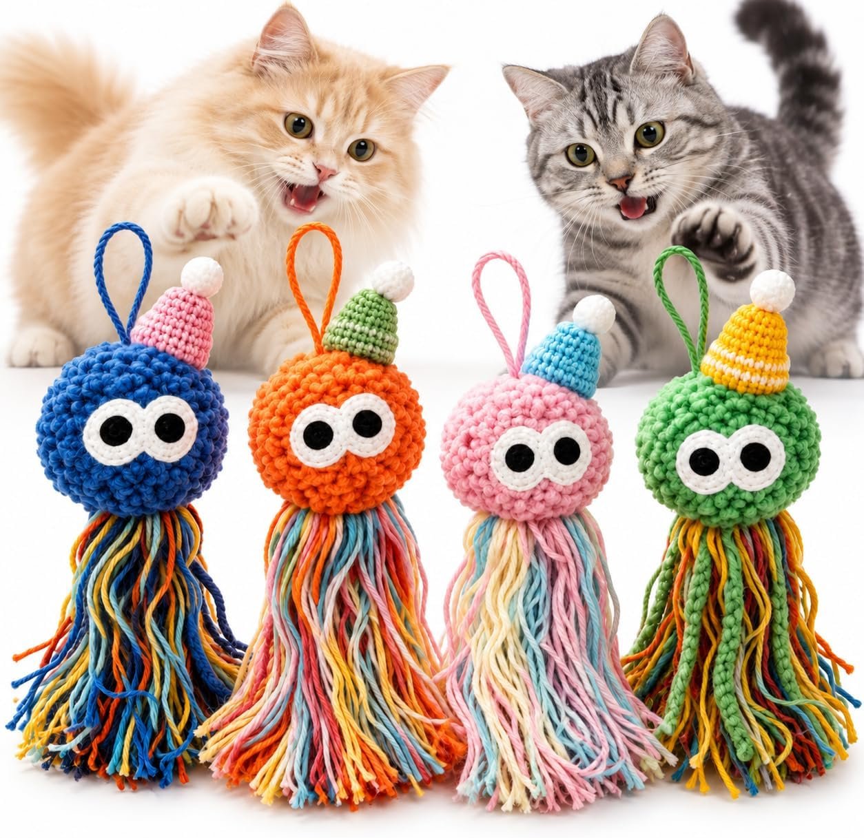 取扱商品：4 Pcs 猫用おもちゃ クラゲ型 ぬいぐるみ キャットニップ入り 鈴付き 毛糸のしっぽ 4個セット 猫じゃらし ひとり遊び 吊り下げ式 蹴りぐるみ